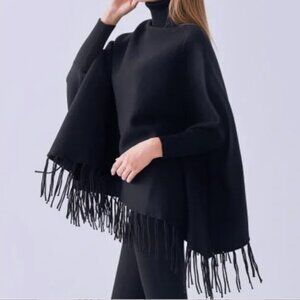 MAGASCHONI Poncho Sweater Wool Blend Black Turtleneck Fringes Women SZ S Nwt!